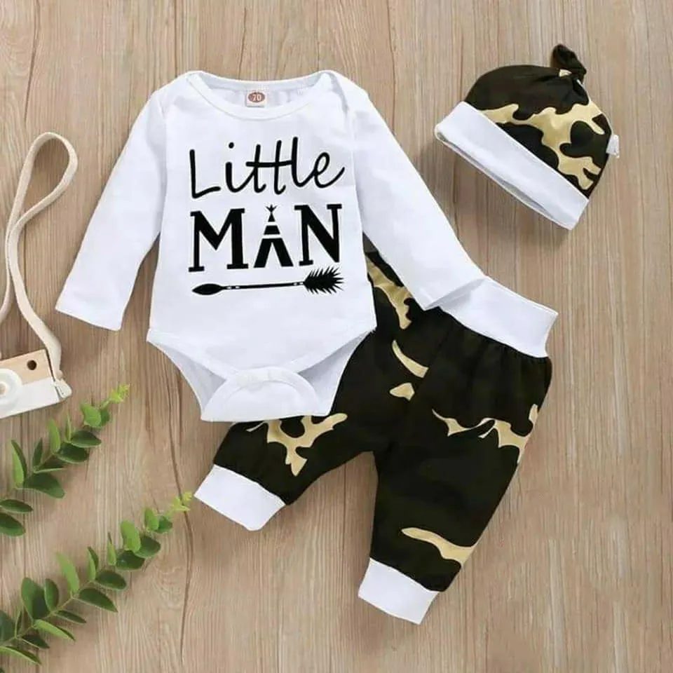 3pcs Army color little Man Printed Bodysuit