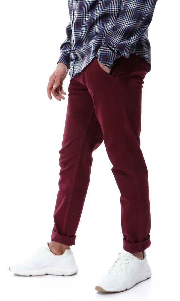 42035 Fly Zip Casual Solid Burgundy Pants