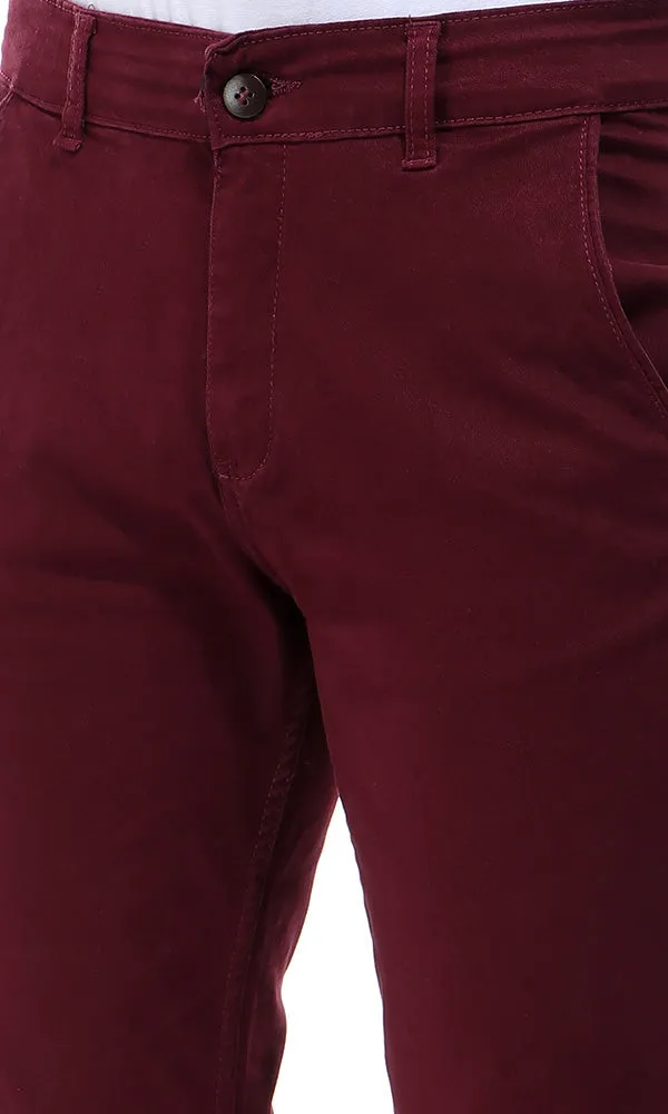 42035 Fly Zip Casual Solid Burgundy Pants