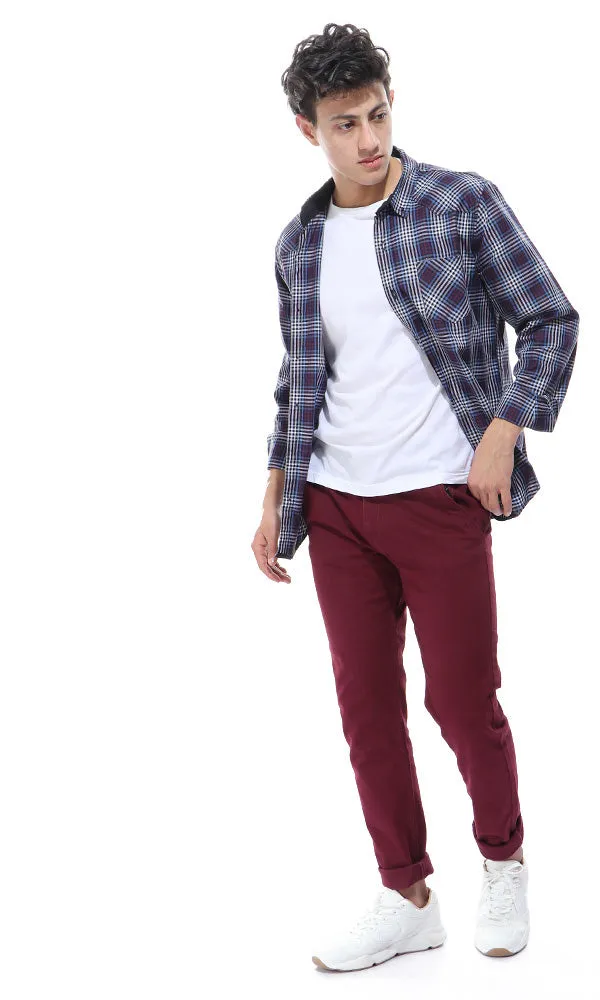 42035 Fly Zip Casual Solid Burgundy Pants