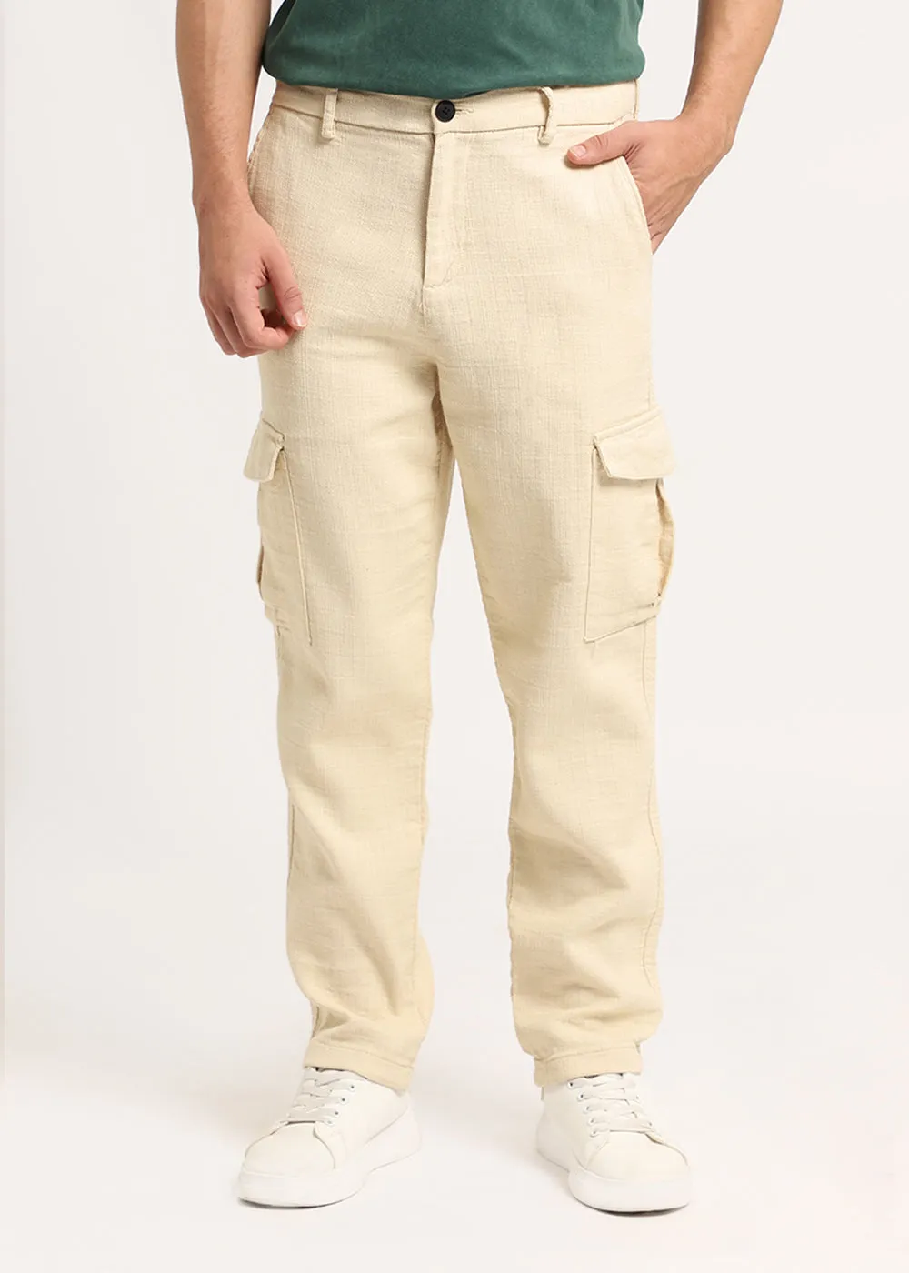 Beige Linen Cargo Pants