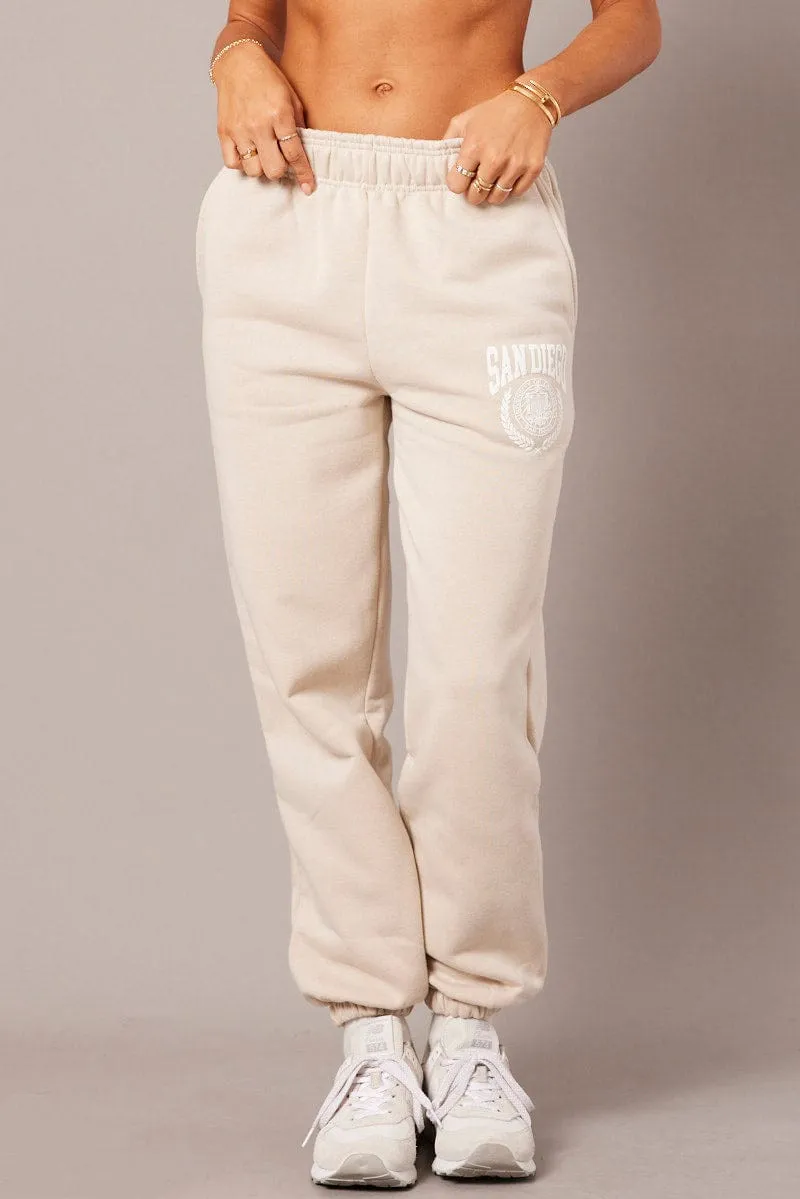 Beige Track Pants High Rise