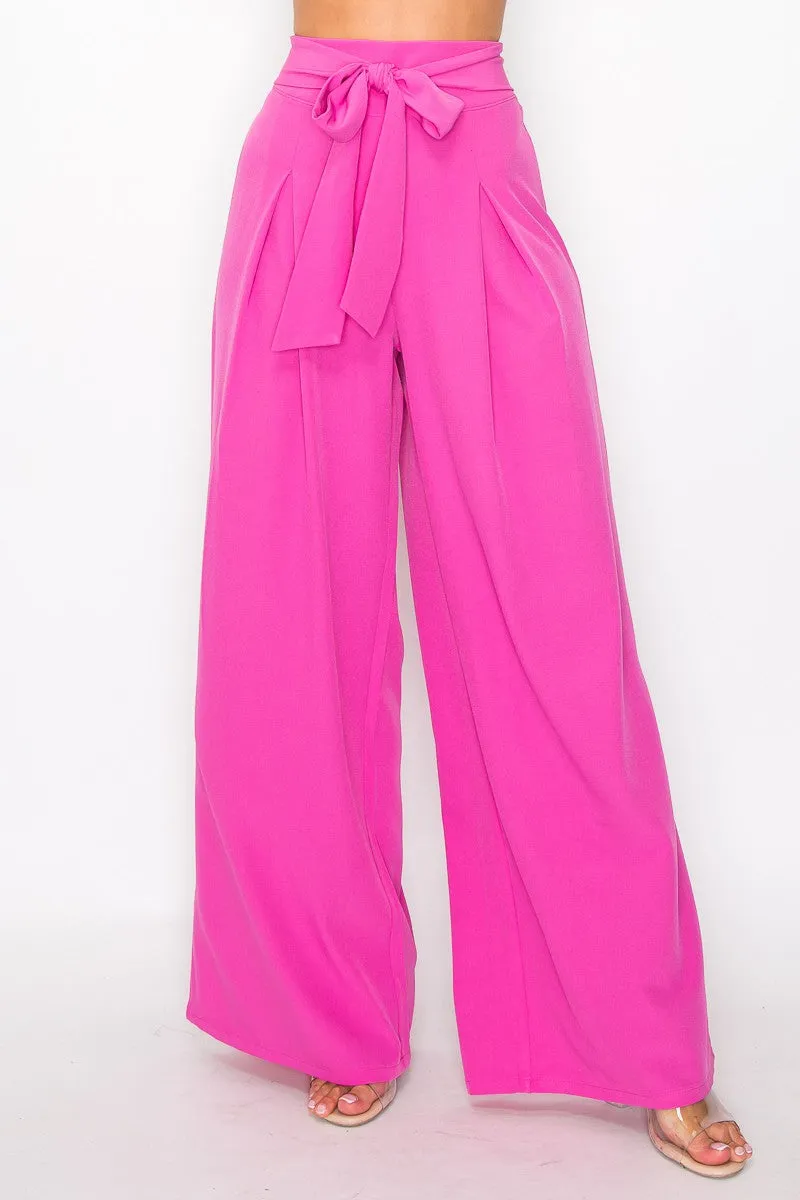 Berry Pink Solid Waist Tie Palazzo Pants