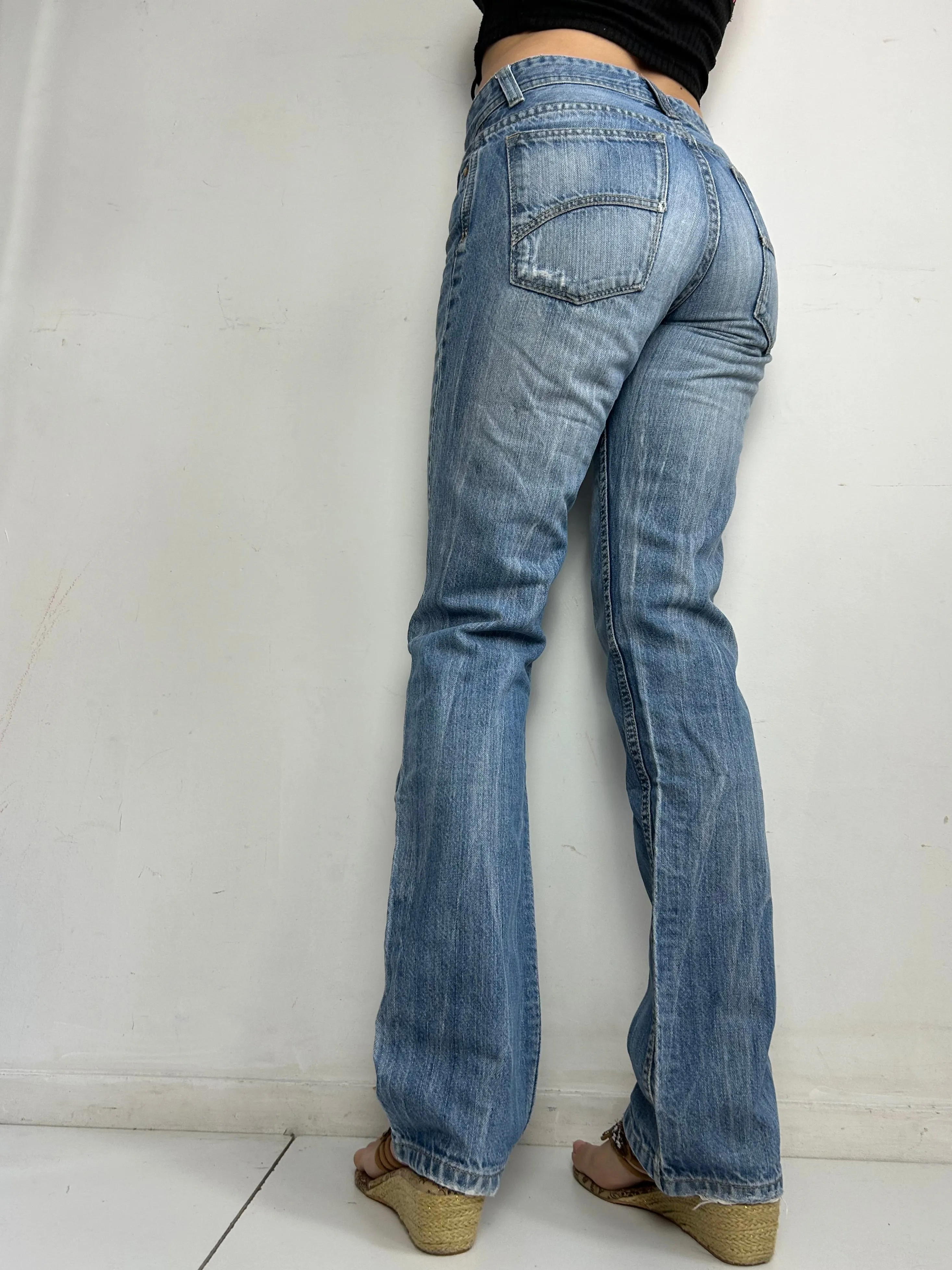 Blue denim low rise baggy pants (S)