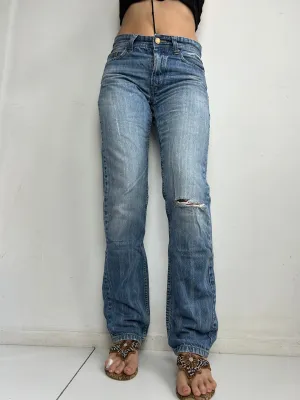 Blue denim low rise baggy pants (S)