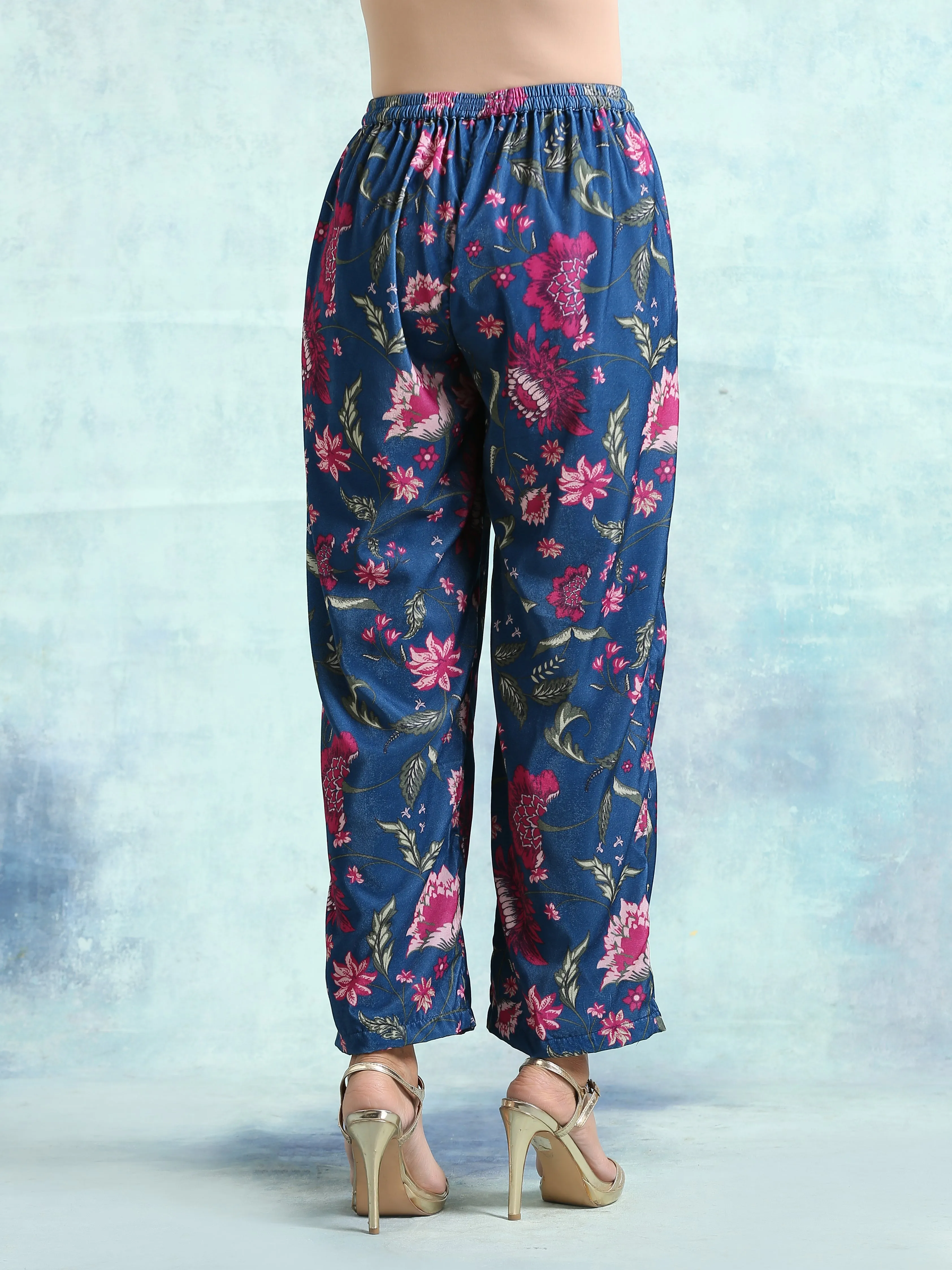 Blue Printed Velvet Pant