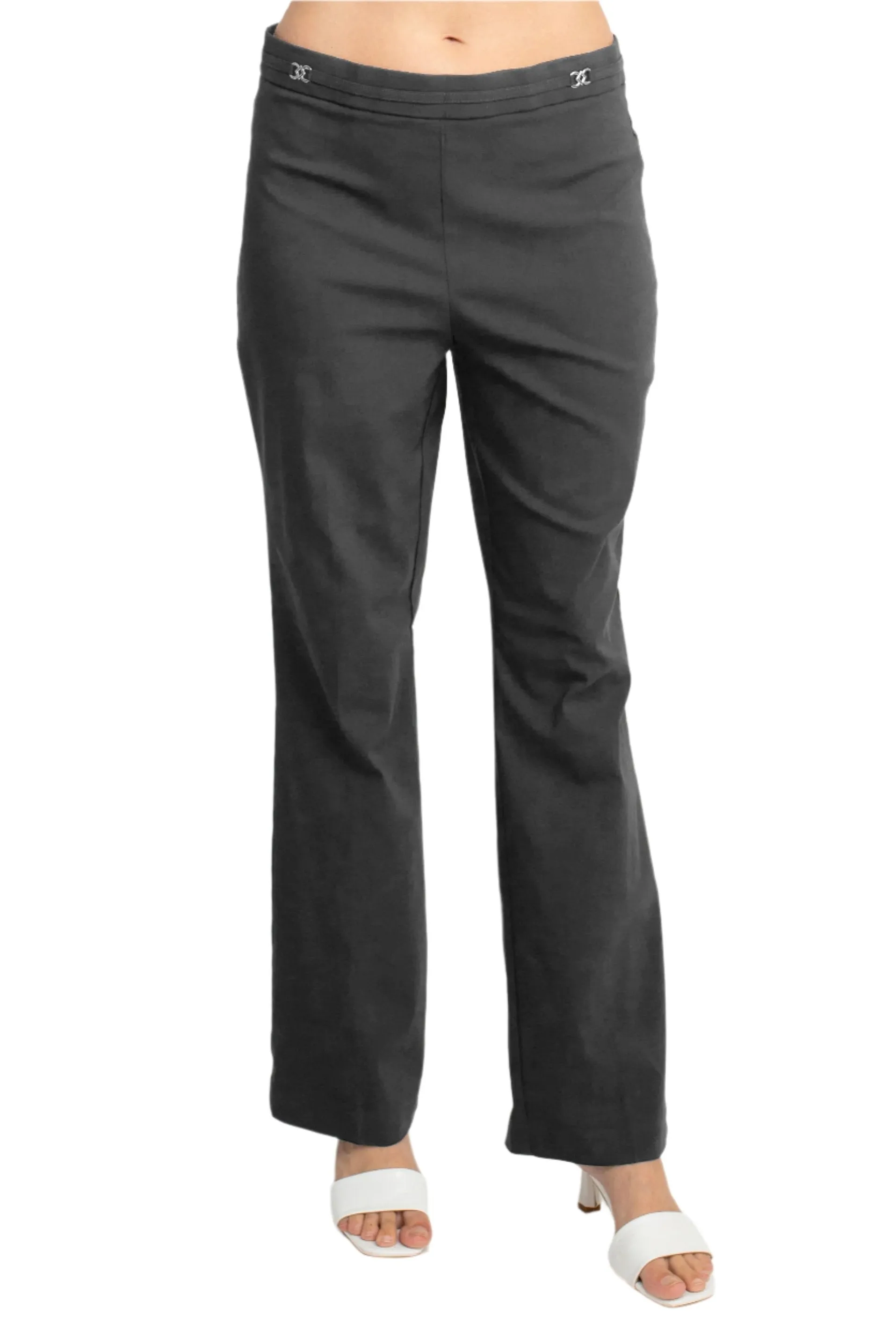 Counterparts Banded Waist Pull On Straight Cut Solid Hardware Detail Stretch Rayon Pants