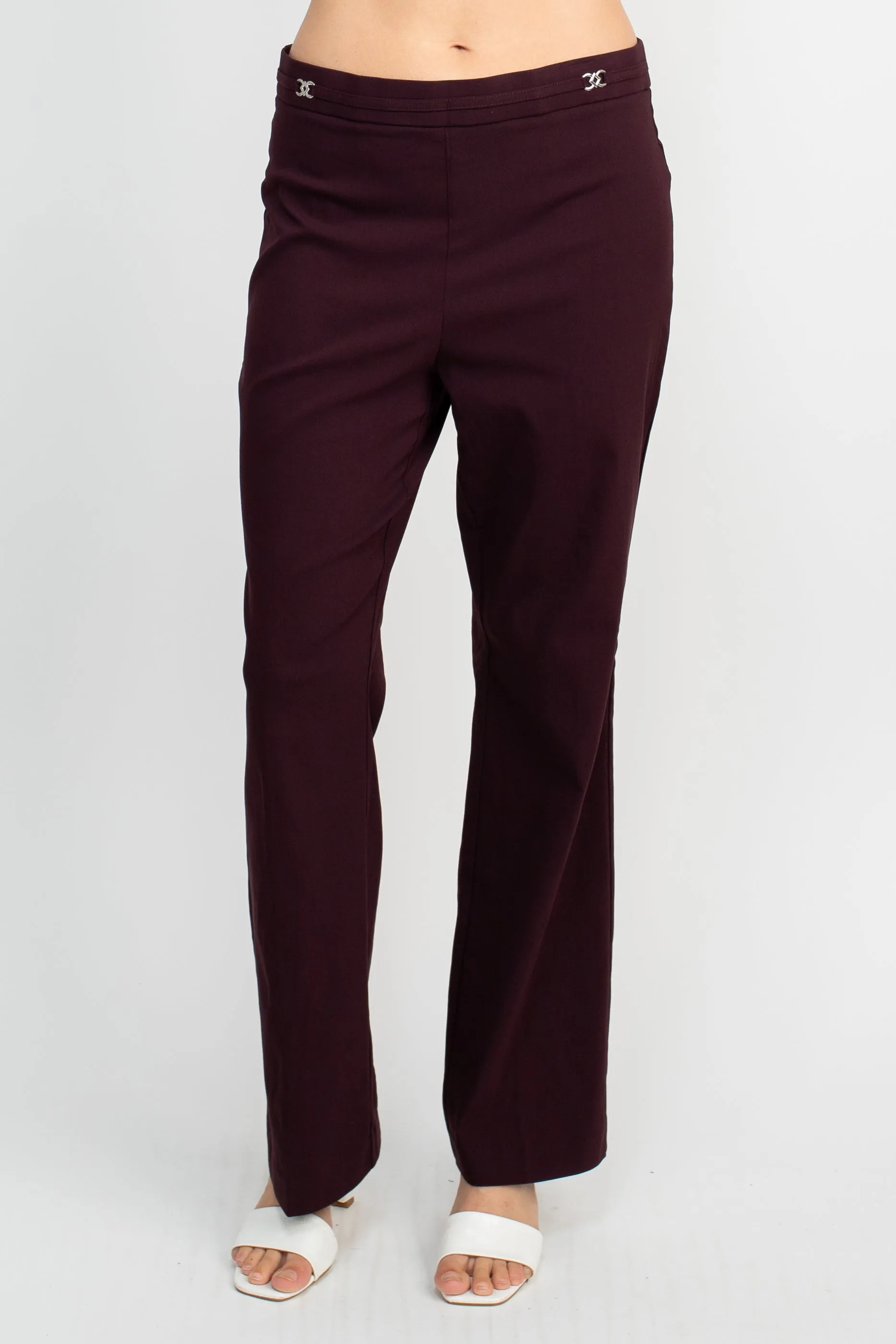 Counterparts Banded Waist Pull On Straight Cut Solid Hardware Detail Stretch Rayon Pants