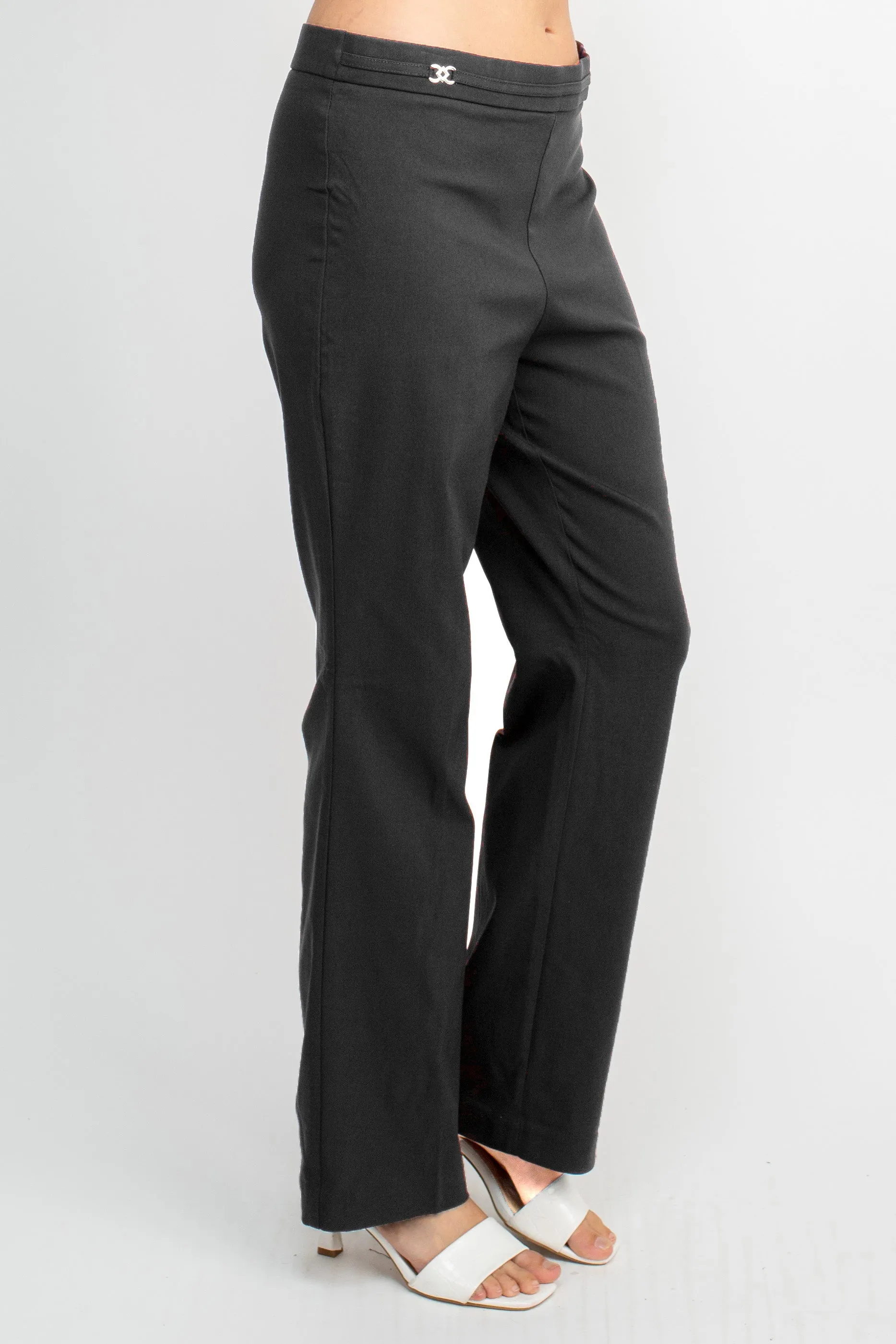 Counterparts Banded Waist Pull On Straight Cut Solid Hardware Detail Stretch Rayon Pants