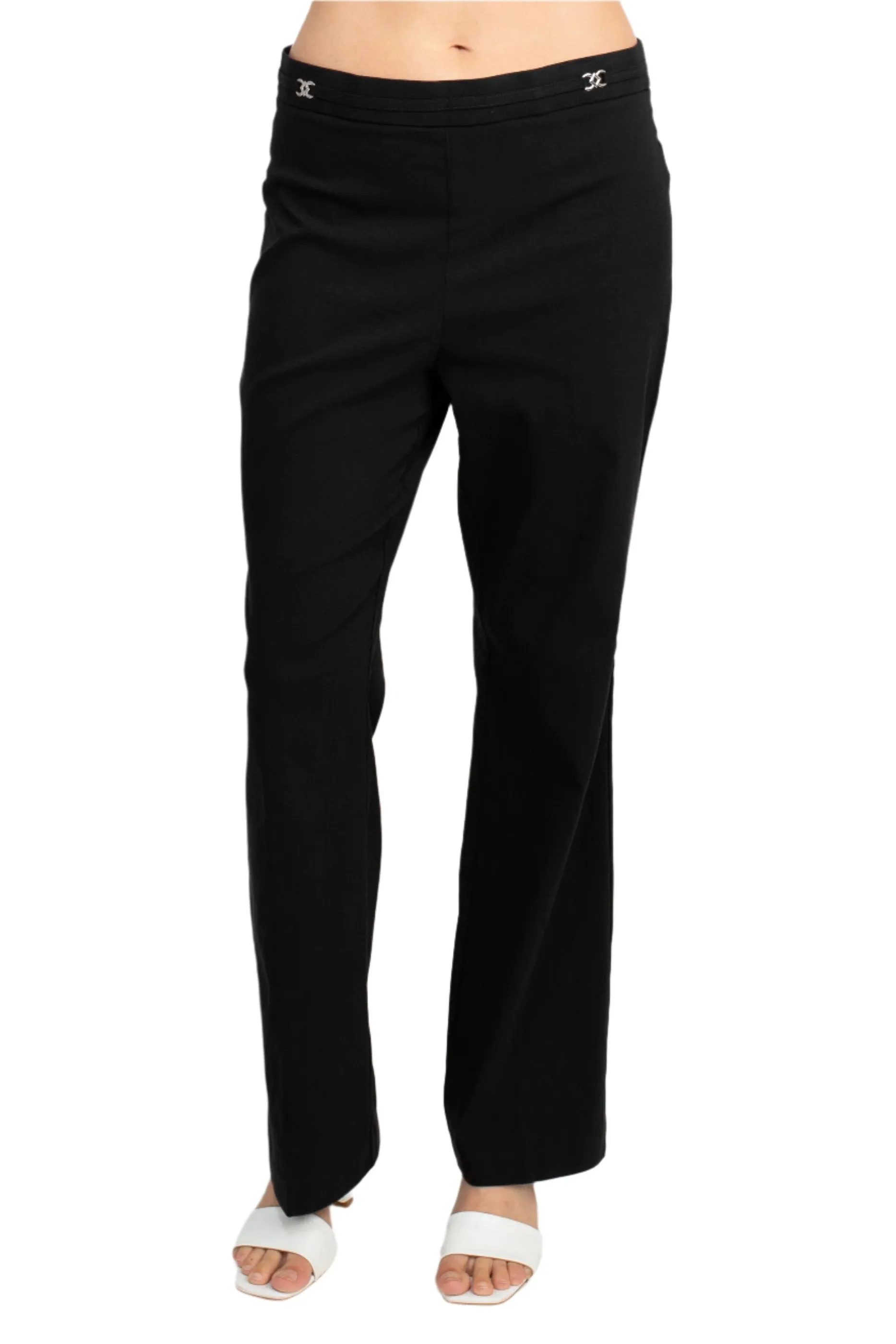 Counterparts Banded Waist Pull On Straight Cut Solid Hardware Detail Stretch Rayon Pants