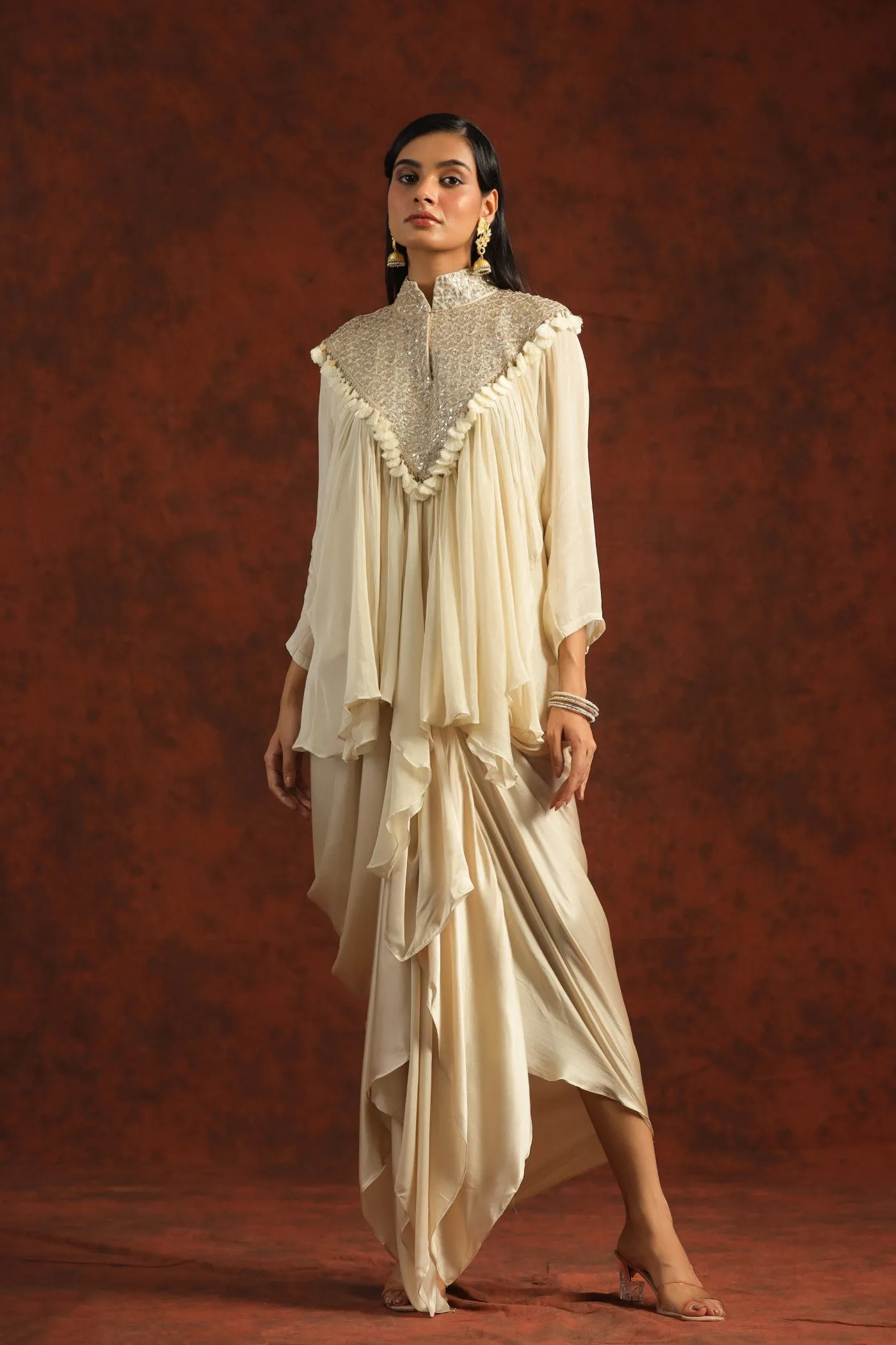 Cream Gota Embroidered Chinon Silk Draped Skirt & Top