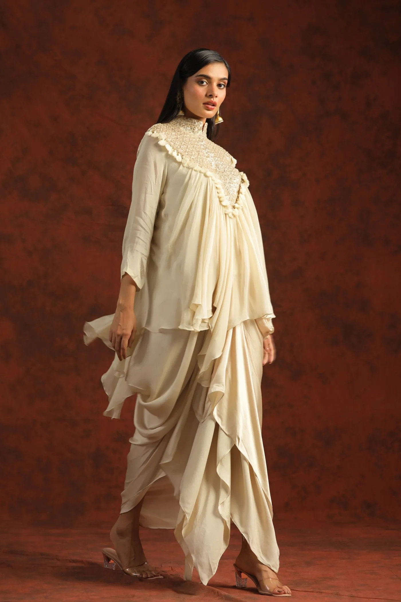 Cream Gota Embroidered Chinon Silk Draped Skirt & Top