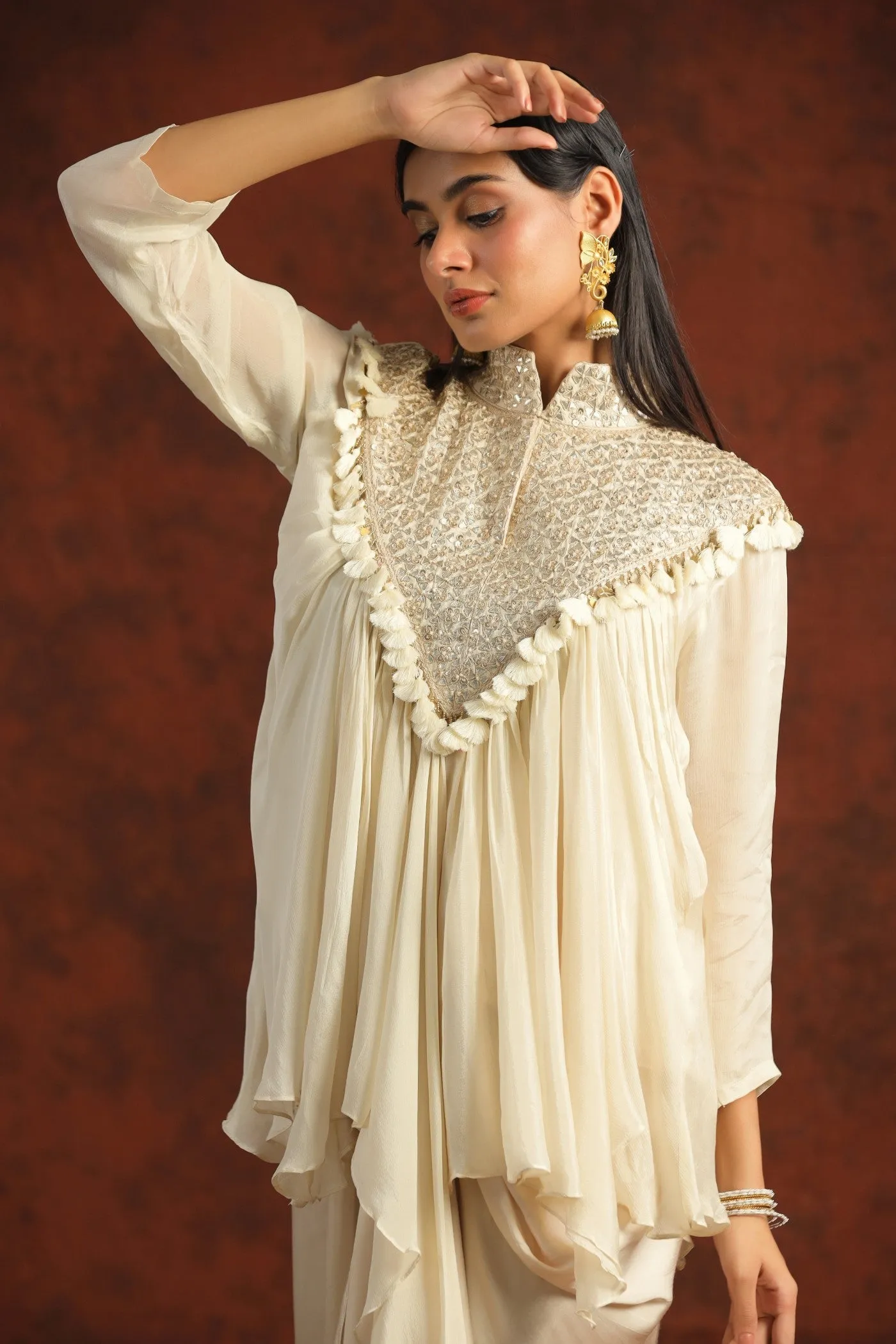 Cream Gota Embroidered Chinon Silk Draped Skirt & Top