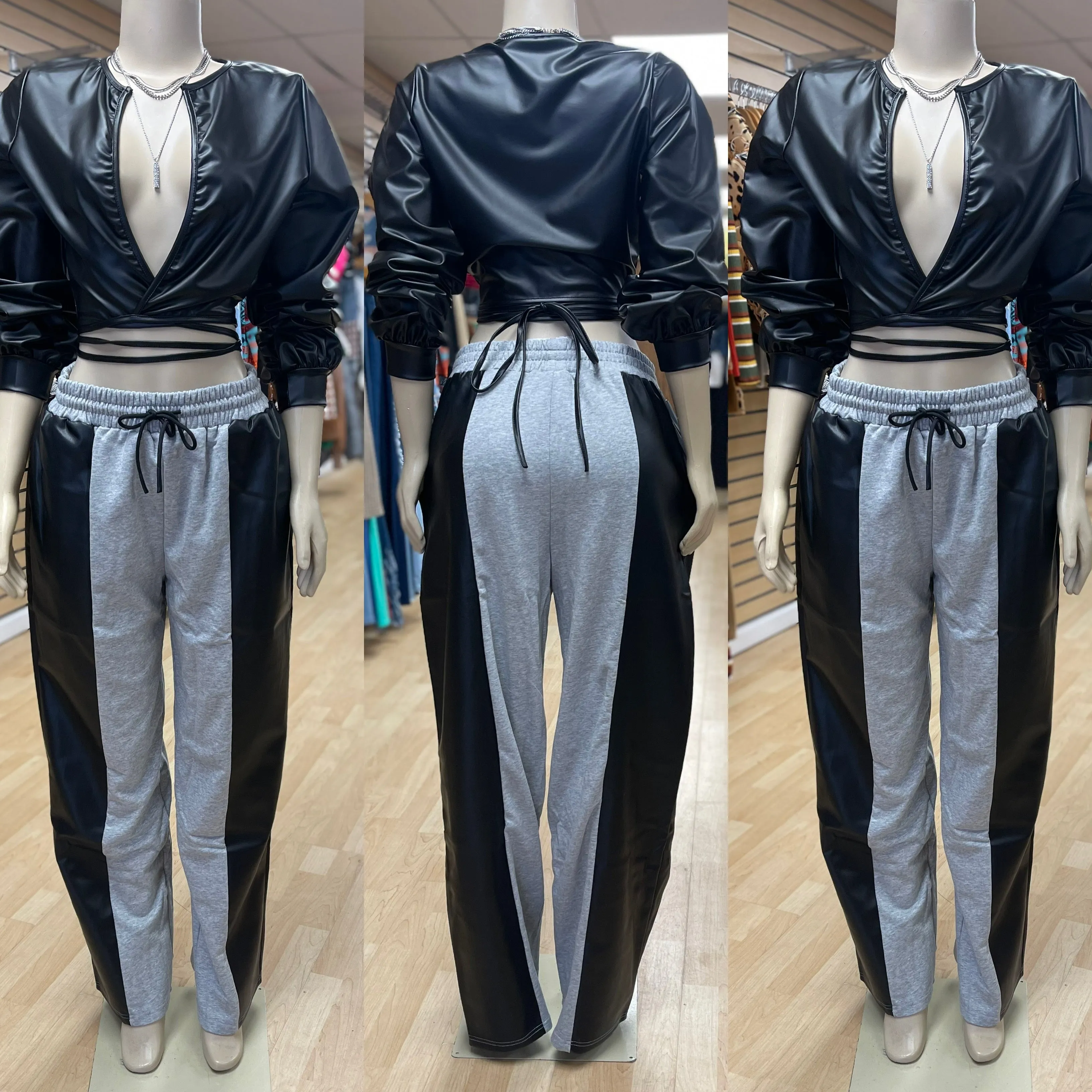 Faux Leather and Grey Pockets Pants