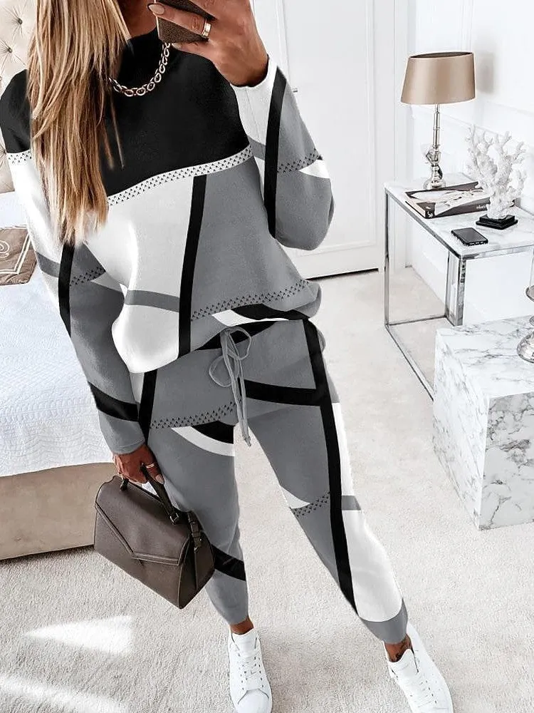 Geometric Color Block Women's Sweatshirt and Tracksuit Pants Set