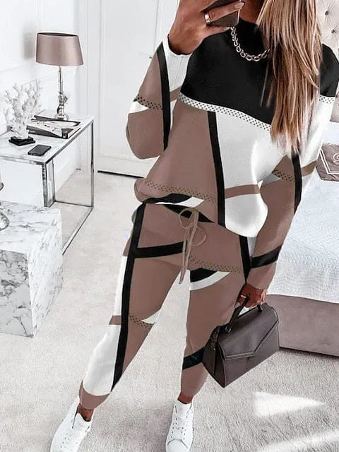 Geometric Color Block Women's Sweatshirt and Tracksuit Pants Set