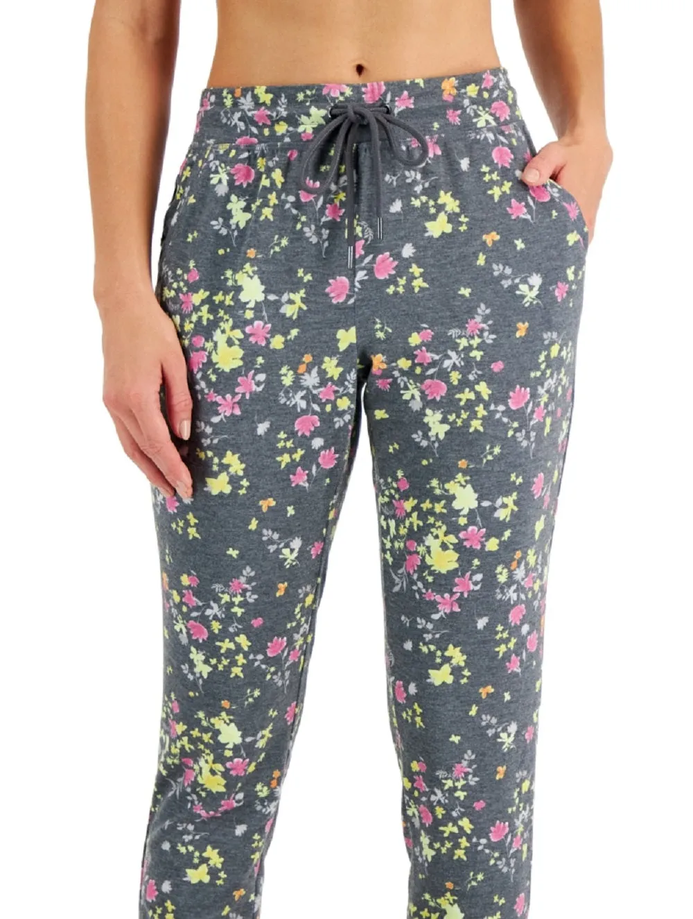 ID Ideology Women's Floral Print Pansy Slim Fit Drawstring Jogging Pants Gray Size X-Small