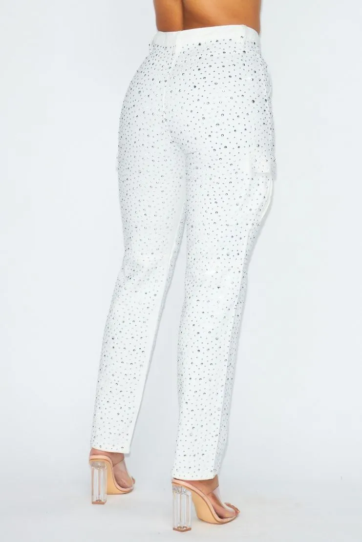 Jenny Rhinestone Denim Cargo Pants - White