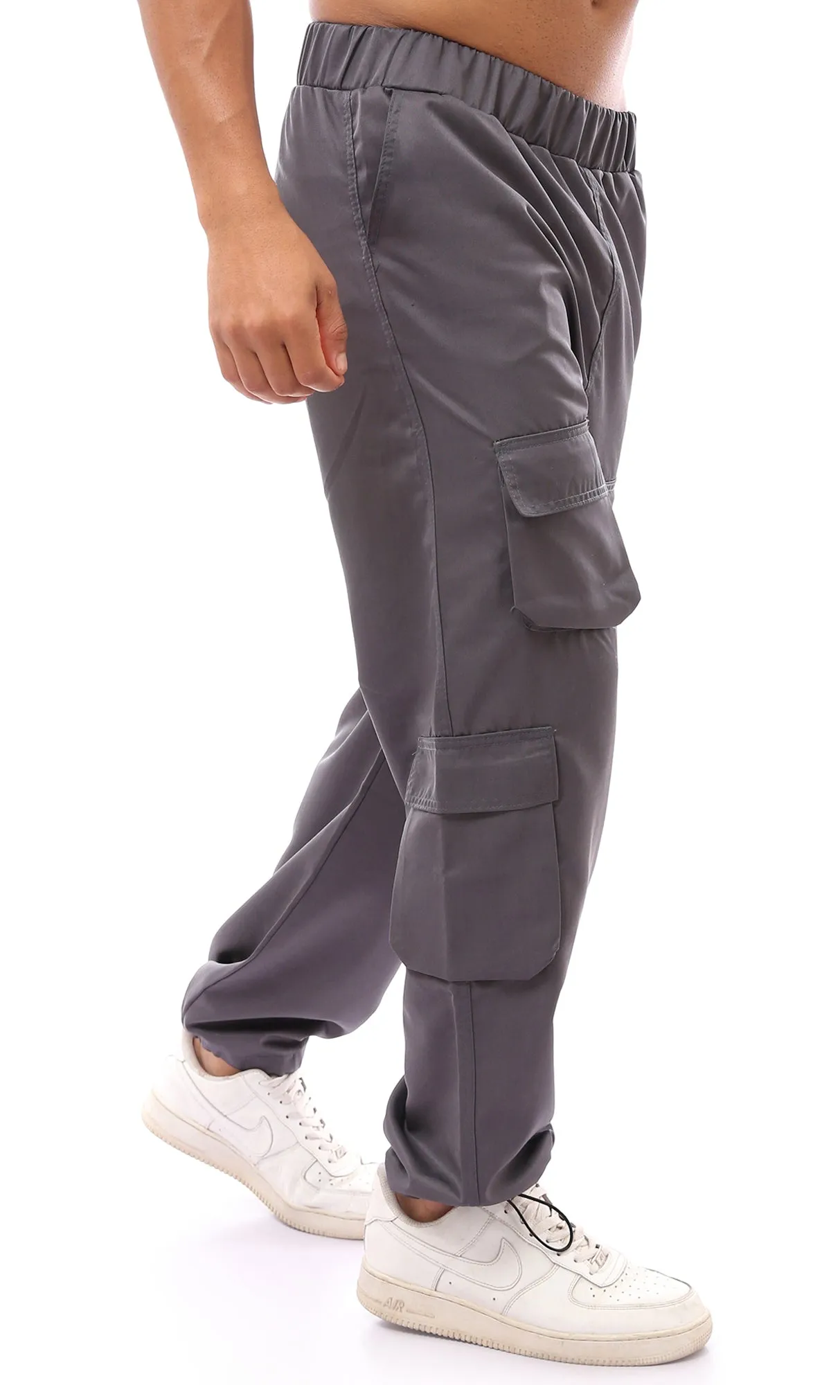 O170580 Elastic Waist Wide Leg Dark Grey Cargo Pants