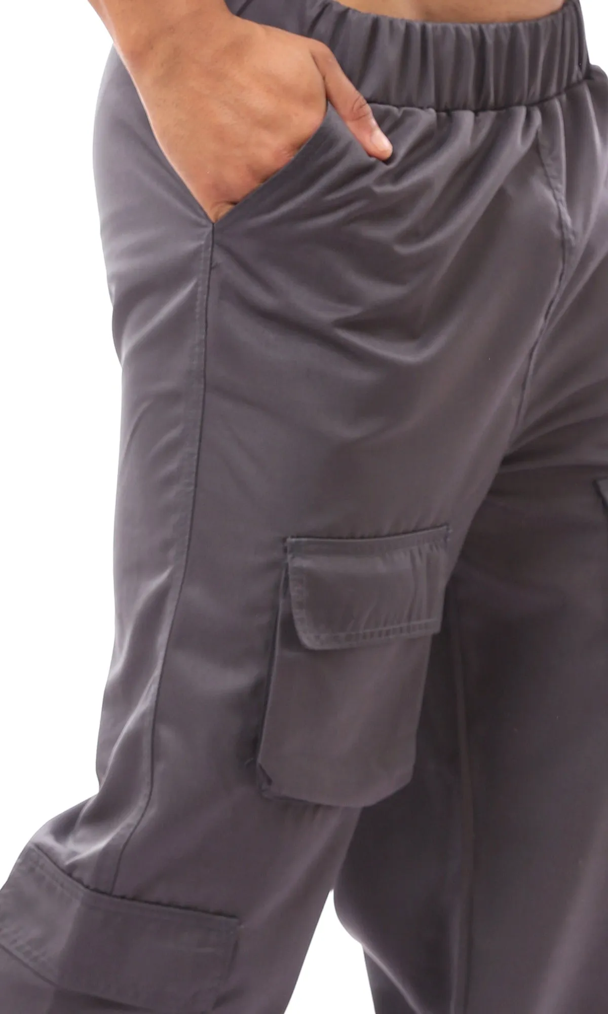 O170580 Elastic Waist Wide Leg Dark Grey Cargo Pants