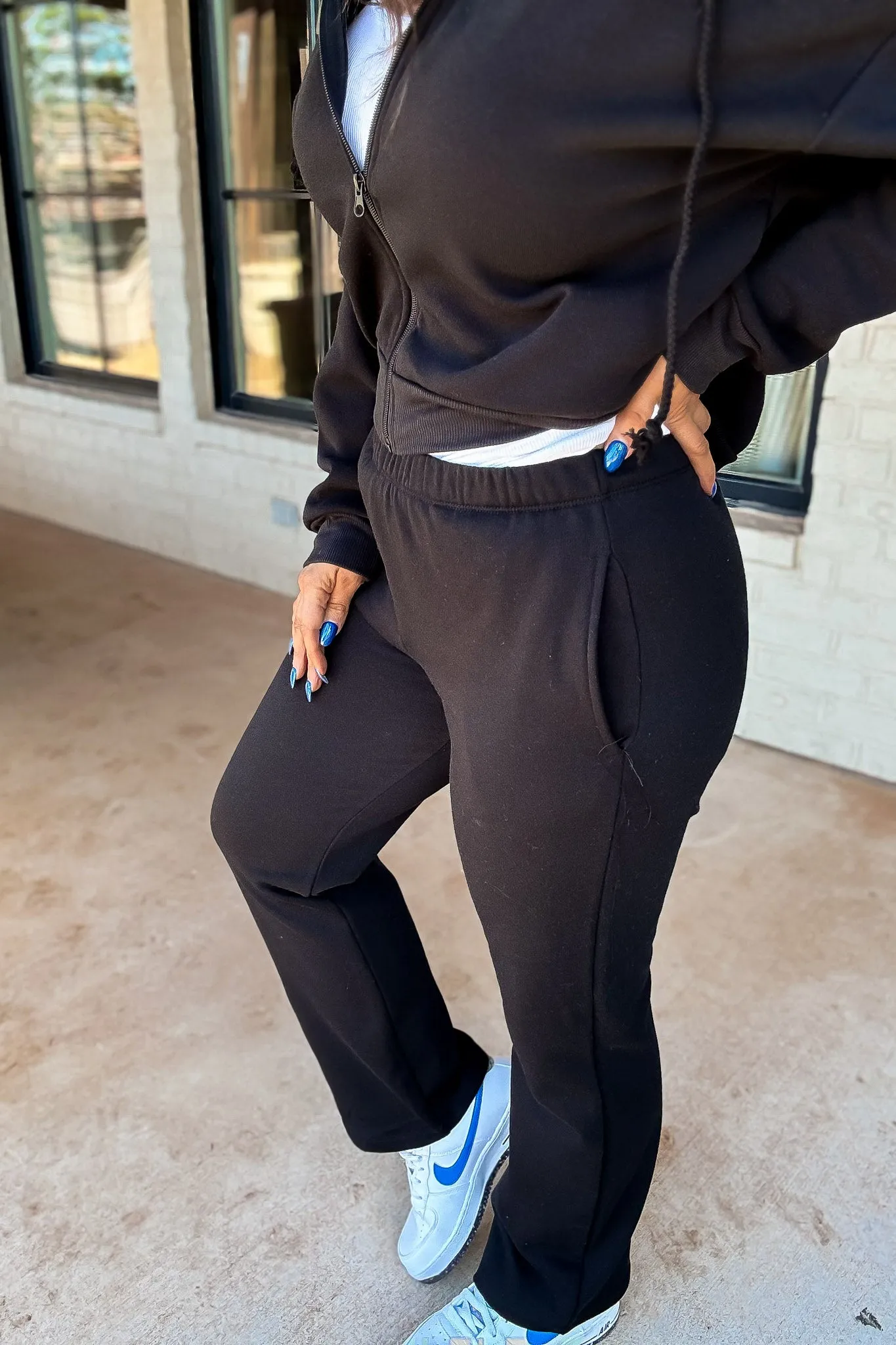 Perfect Pair Black Straight Side Pockets Fleece Sweat Pants