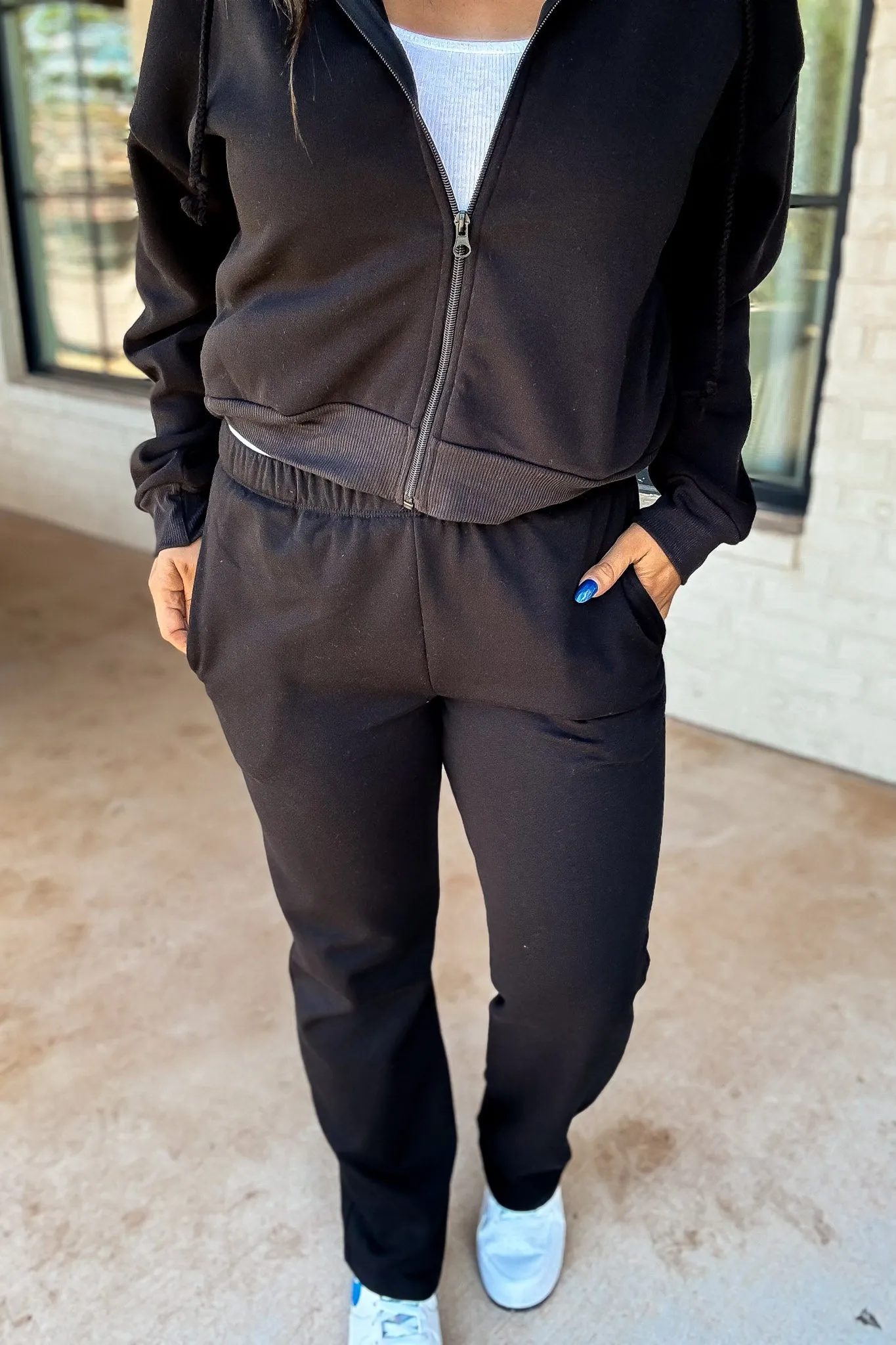 Perfect Pair Black Straight Side Pockets Fleece Sweat Pants