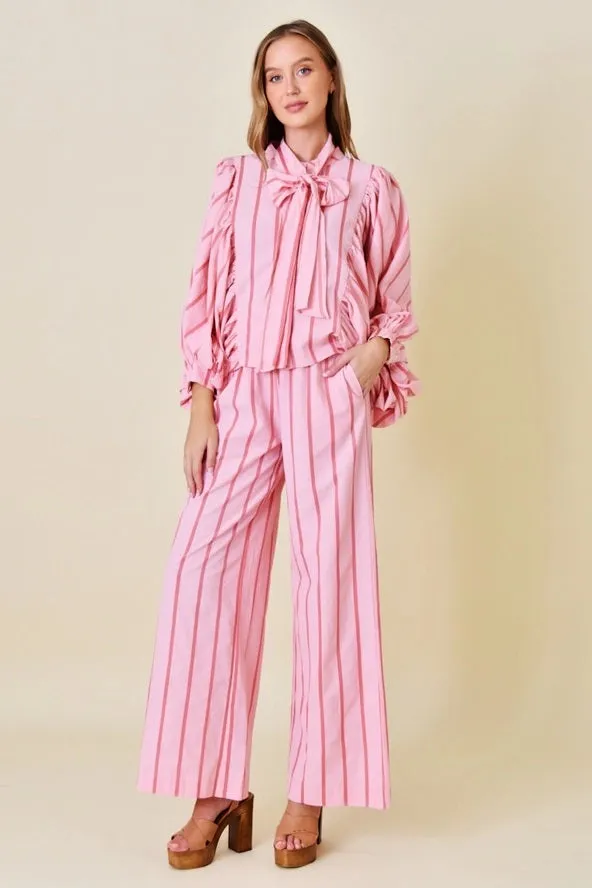 Pink Stripe Balloon Sleeve Top and Matching Pants Set