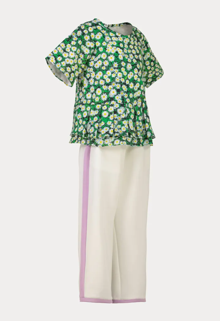 Pleated Floral Printed Peplum And Pant Set