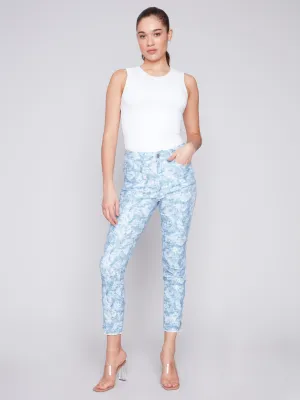 Printed Twill Pants with Hem Slit - Blue Rose