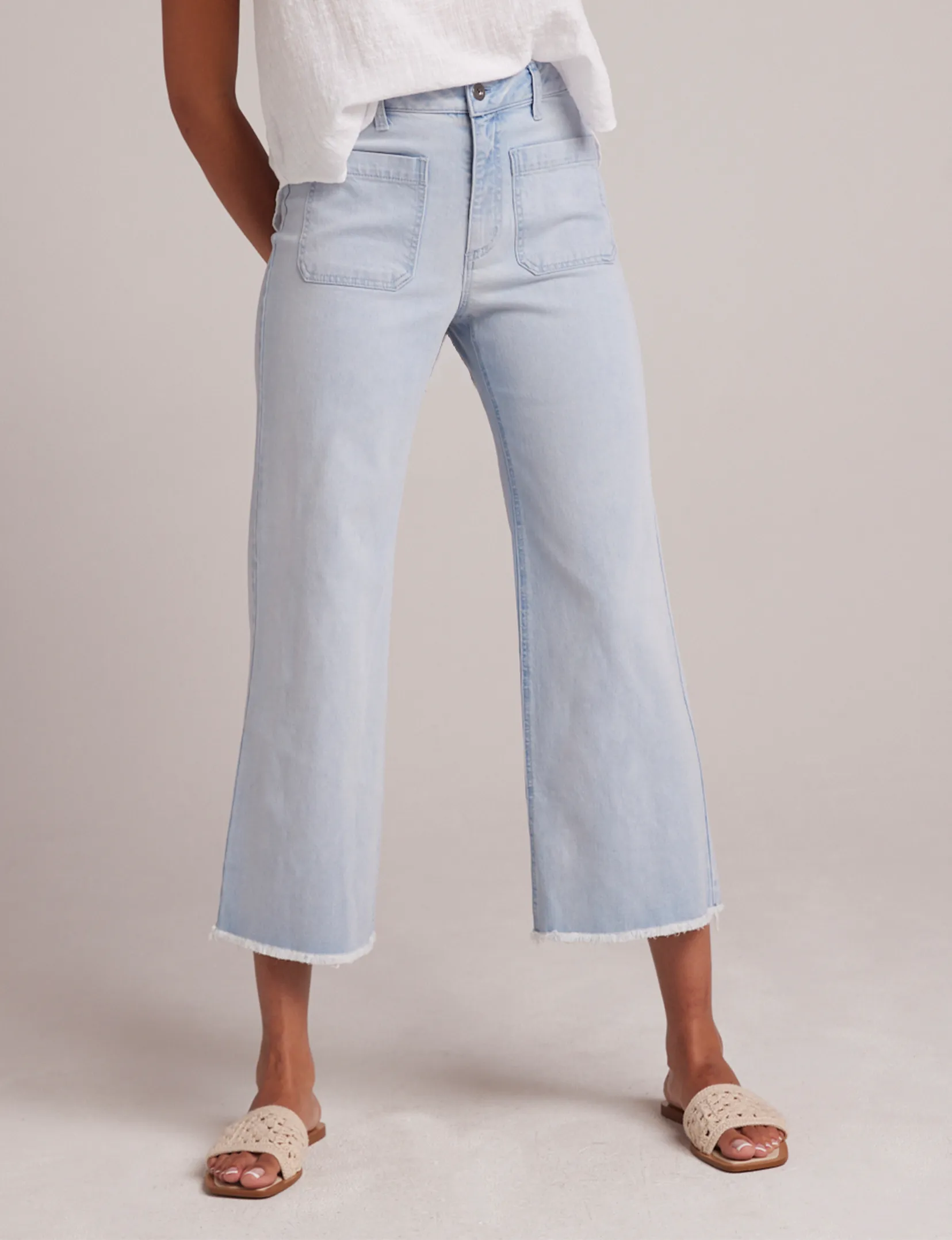 Sarah Wide Leg Frayed Hem Crop, Ocean Mist