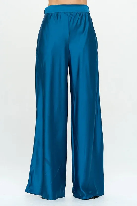 Stretch Satin Pants with Elastic Waist and Pockets