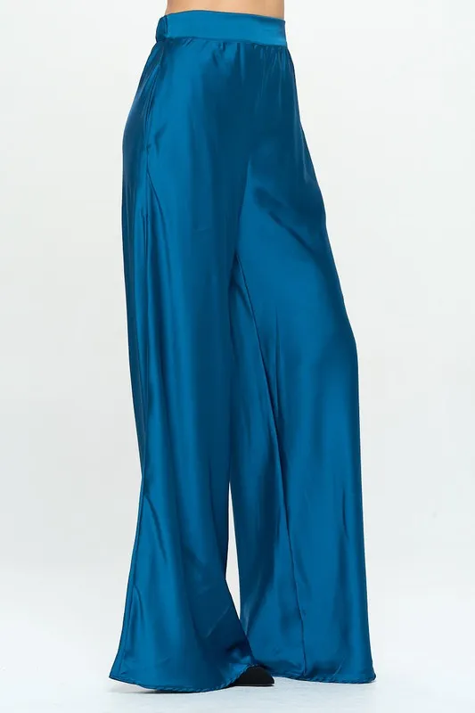 Stretch Satin Pants with Elastic Waist and Pockets