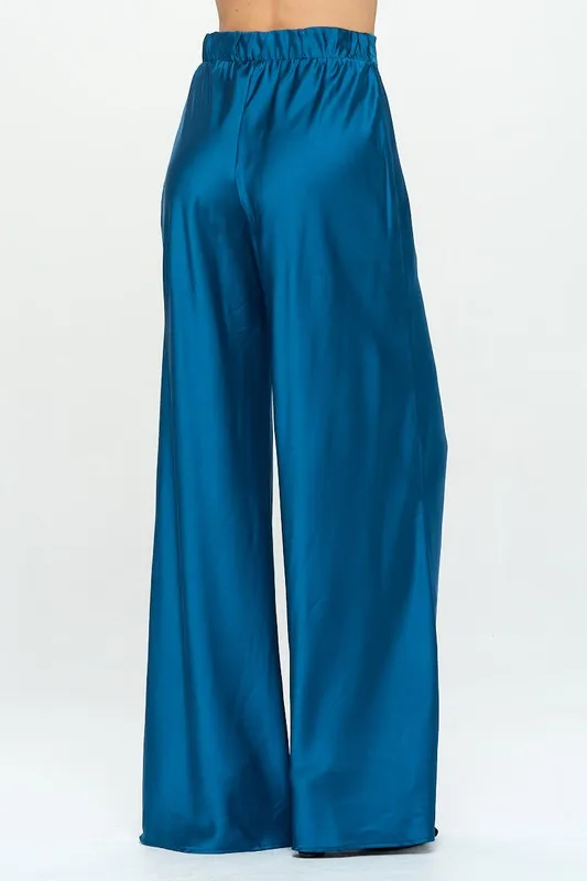 Stretch Satin Pants with Elastic Waist and Pockets