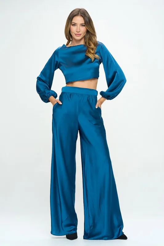 Stretch Satin Pants with Elastic Waist and Pockets