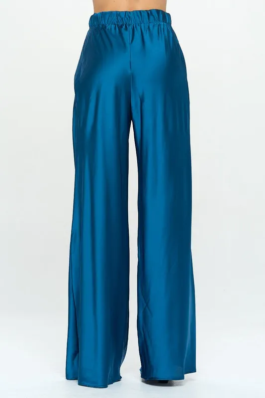 Stretch Satin Pants with Elastic Waist and Pockets