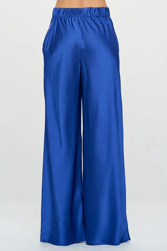 Stretch Satin Pants witih Elastic Waist and Pockets