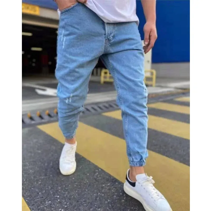 Wiaofellas  -  Spring Ripped Jeans Men's Sweatpants Hole Pants Casual Male Skinny Slim Biker Outwears Elastic Waist Jogging Denim Trousers