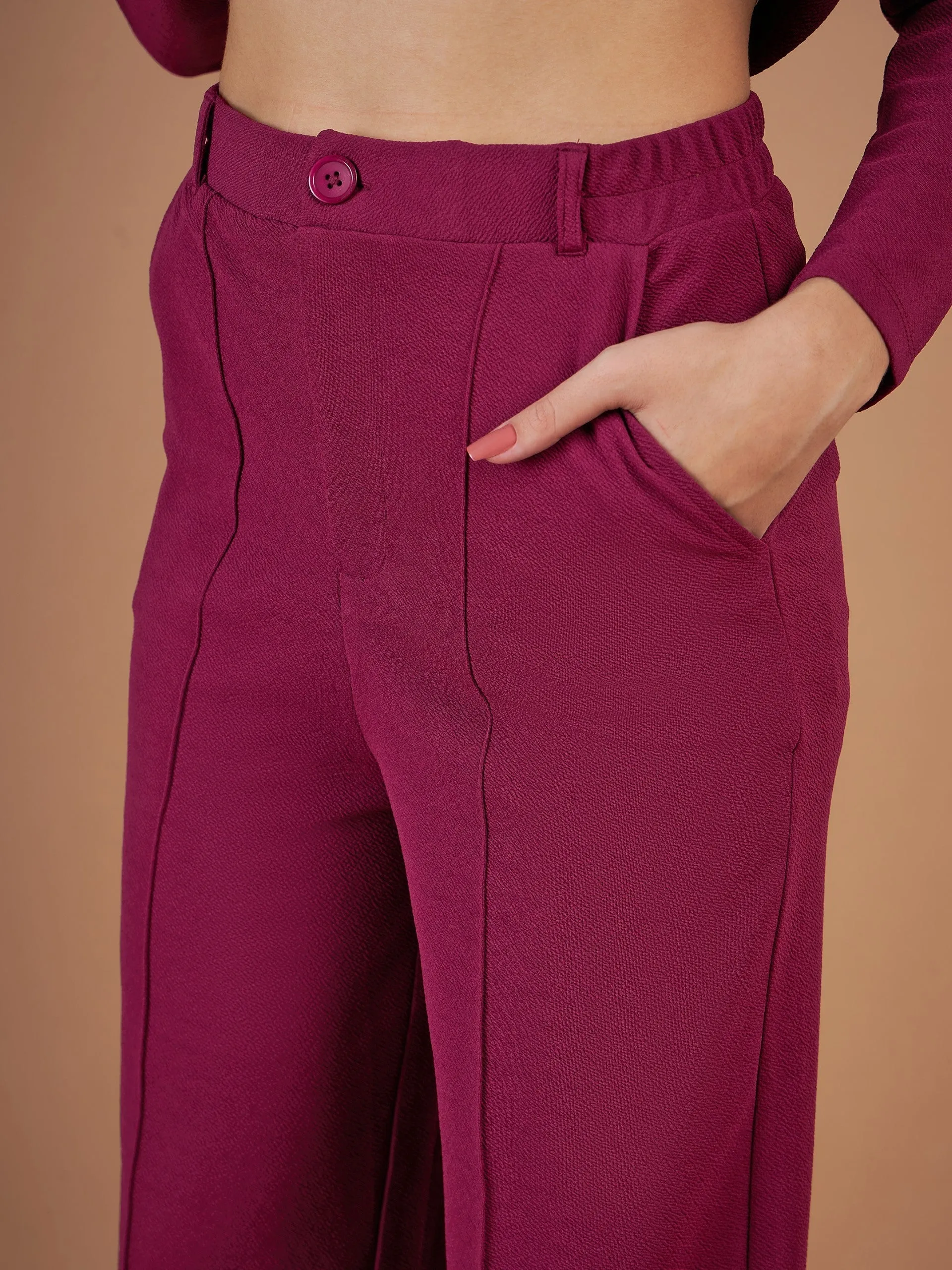 Women Maroon Belted Peplum Top With Darted Straight Pants