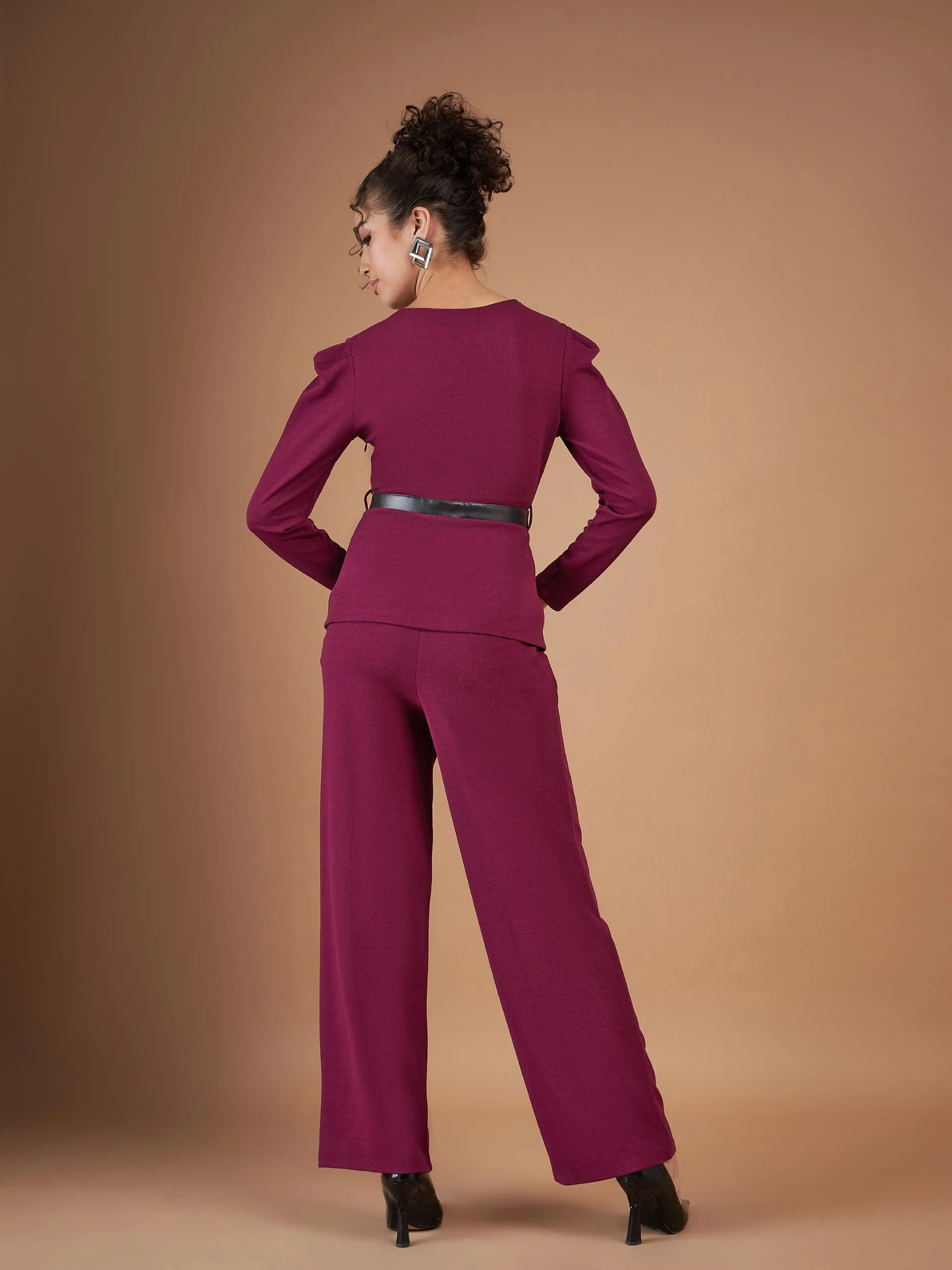 Women Maroon Belted Peplum Top With Darted Straight Pants