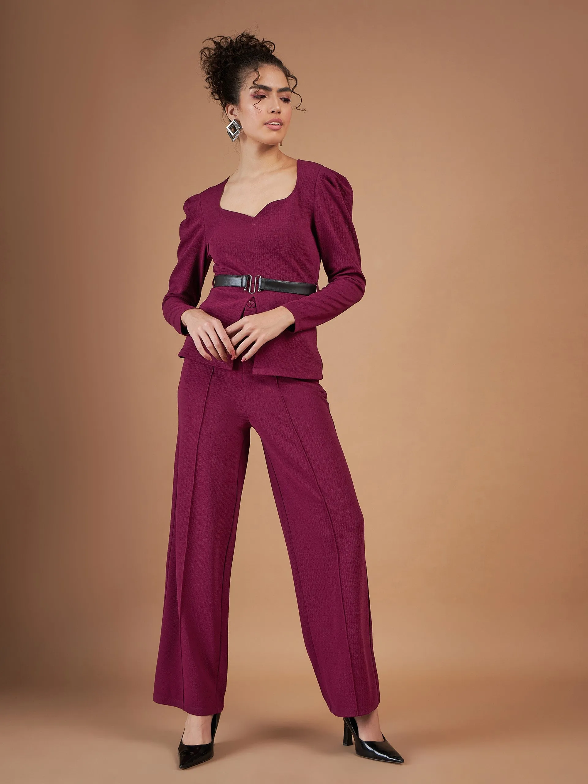 Women Maroon Belted Peplum Top With Darted Straight Pants