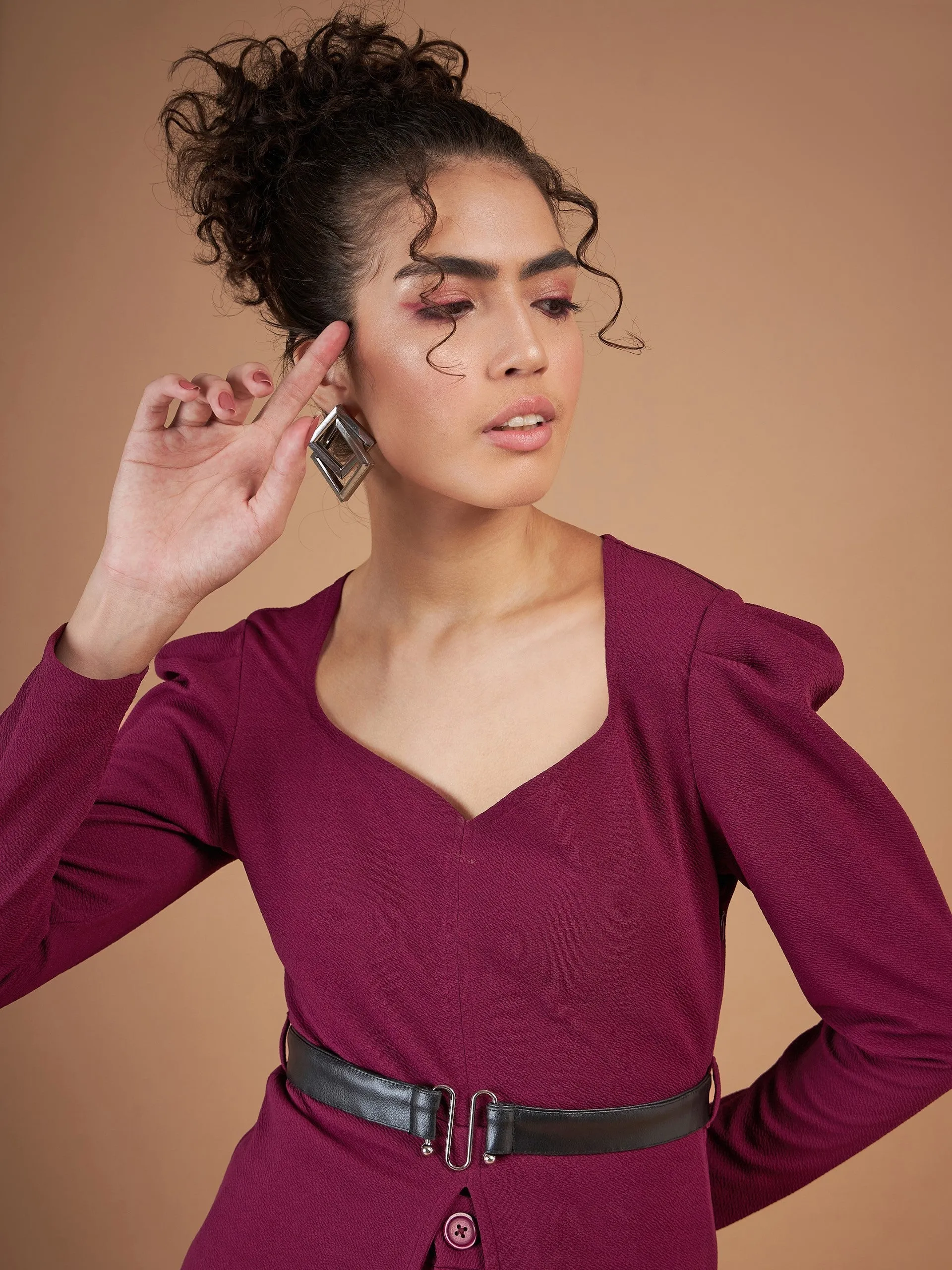 Women Maroon Belted Peplum Top With Darted Straight Pants