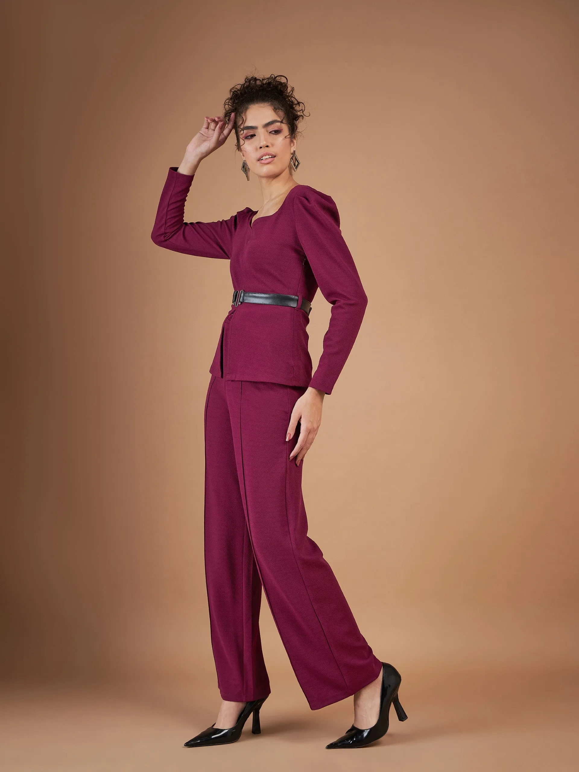 Women Maroon Belted Peplum Top With Darted Straight Pants