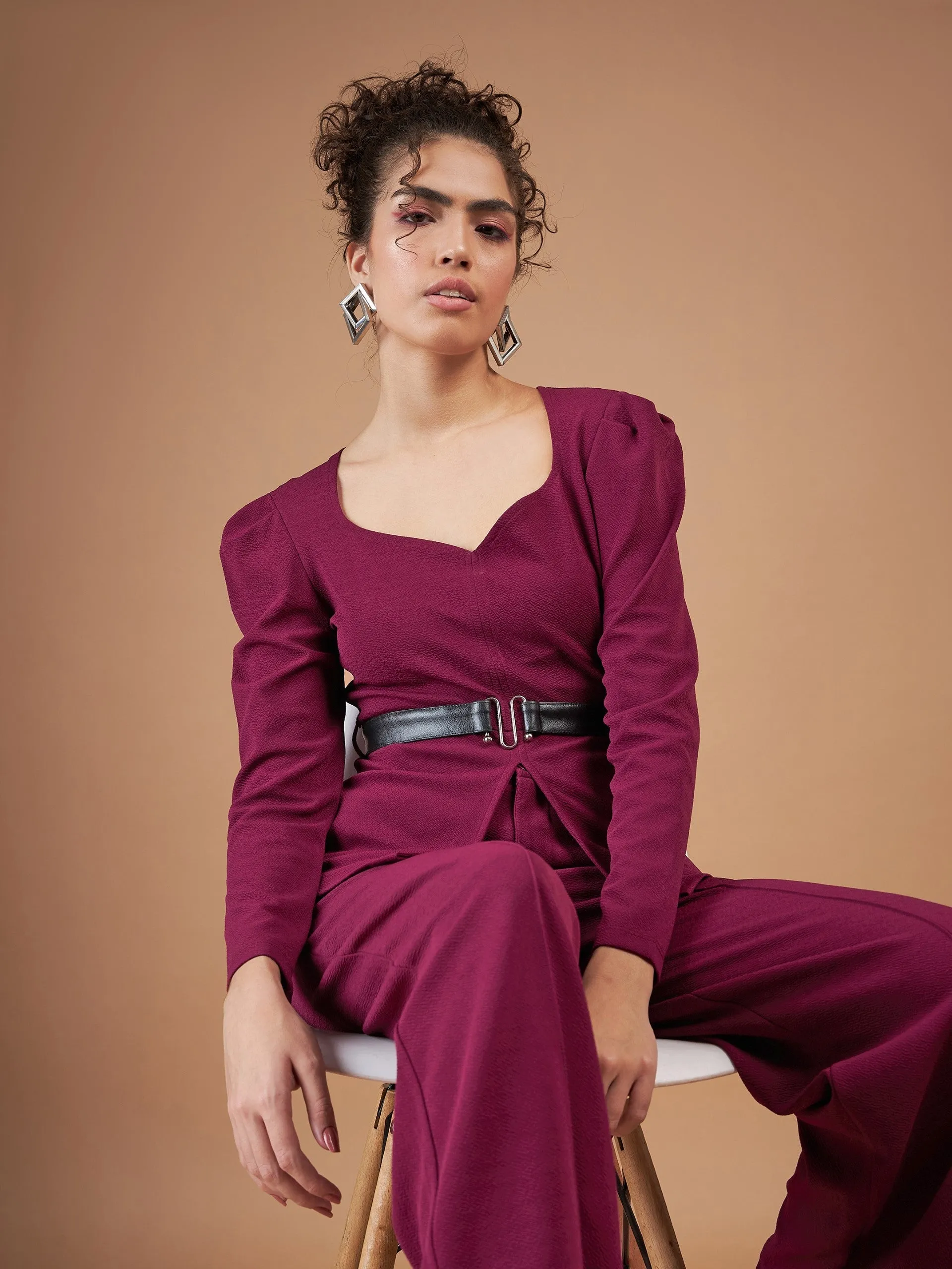 Women Maroon Belted Peplum Top With Darted Straight Pants