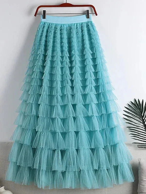 Women's Patchwork Maxi Tulle Skirt with Split Design